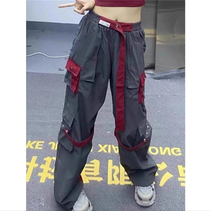 美式潮牌工装裤女宽松炸街阔腿直筒裤绑带街舞嘻哈工装休闲裤图片