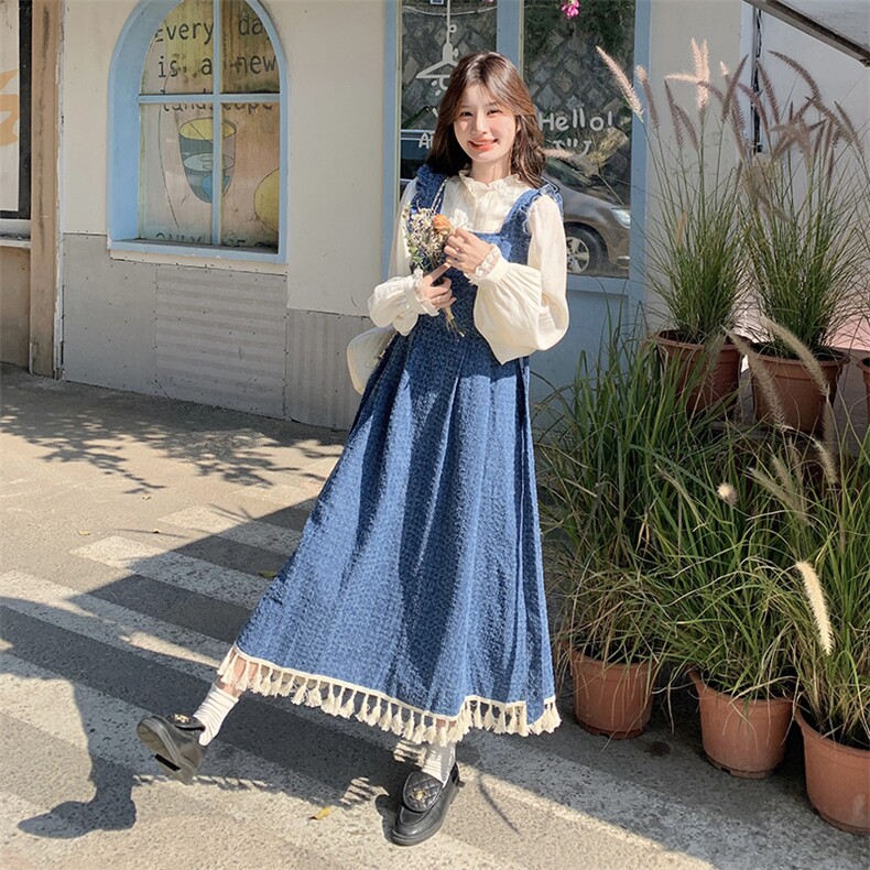 时尚慵懒感牛仔背带裙套装女2025春季新款木耳边衬衫背带裙两件套图片