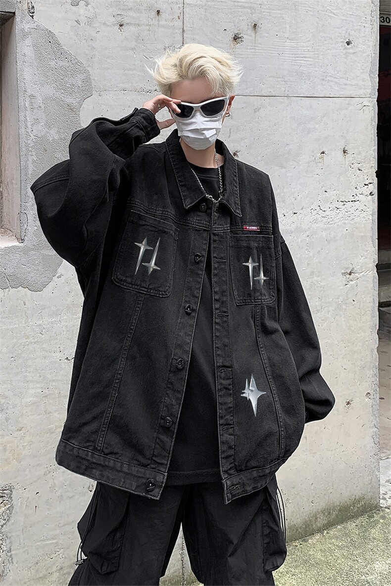 男装牛仔外套2026秋季几何绣标印花男生翻领夹克XZ514-2-N96-P88,男装工装外套,星座514-2(原B239)