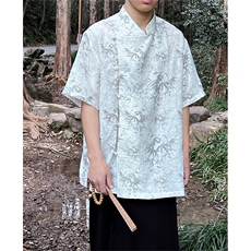 24夏季新款新中式竹叶提花水墨系短袖上衣棉麻CS35-P65，男装T恤，电商A021