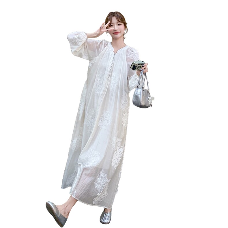 2025新款春季法式白色刺绣绣花连衣裙女时尚收腰系带简约长袖裙子,女装连衣裙,2C259