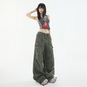 美式高街工装牛仔裤夏季抽绳垂感休闲美式阔腿伞兵裤YD9002-P75图片