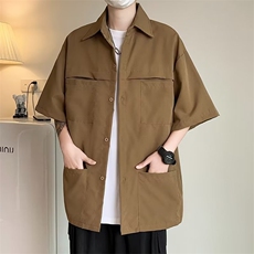工装衬衫男潮牌宽松痞帅多口袋夏季休闲纯色短袖衬衣CS34P33，男装衬衫，星座410-2