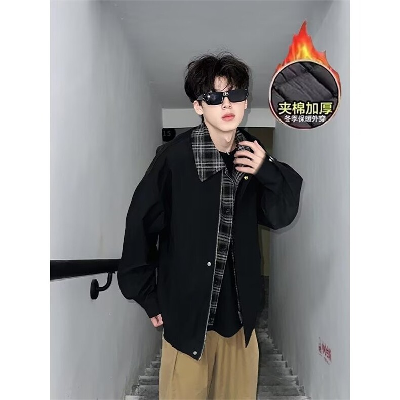 高档美式复古拼接夹克男春秋款高级感痞帅假两件高街格子外套上衣,男装夹克,星座506A