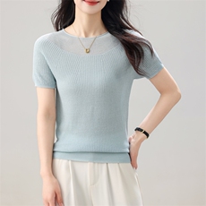 2025夏季新款时尚圆领亚麻水晶短袖女宽松休闲百搭半袖舒适针织衫，女装T恤，昭美羊绒