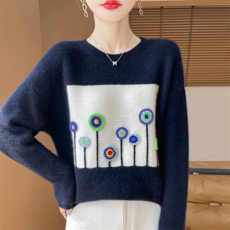 时尚百搭七针加厚圆领小花刺绣钩花女士羊毛衫,女装羊毛衫,暖娇绒