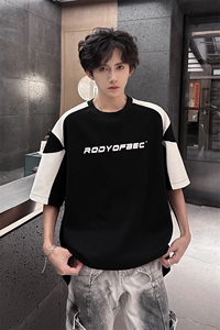 2025夏季美式宽松拼色短袖T恤潮撞色休闲半袖衫XZ808B-WH024-P40图片