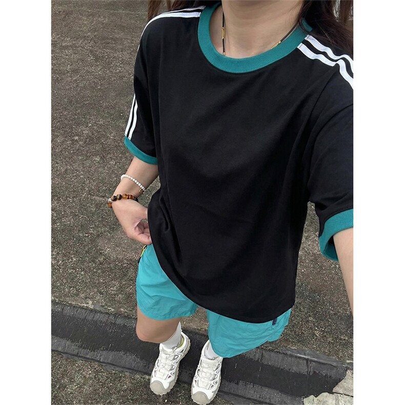 两条杠运动夏季短袖T恤复古撞色休闲款上衣男女X61403-TP2549,男装T恤,电商A102