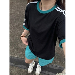 两条杠运动夏季短袖T恤复古撞色休闲款上衣男女X61403-TP2549图片