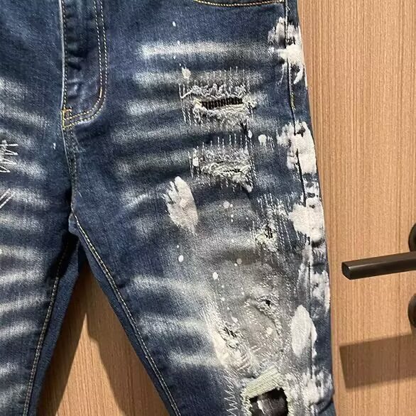 1506-1/K6531/P59潮牌男装新款深蓝色修身简约磨白漆点男士长裤子,男装休闲裤,星座1506-1