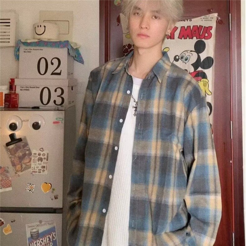 日系vintage格子衬衫男女初秋薄外套氛围感衬衣男款高街潮牌-SC09,男装衬衫,星座601-1