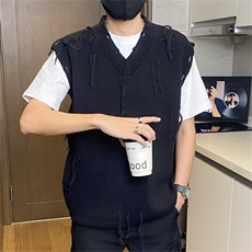 M715-特P48破洞流苏针织衫男士潮牌V领无袖毛衣马甲帅气休闲线衣，男装针织衫/毛衣，电商D310B-1