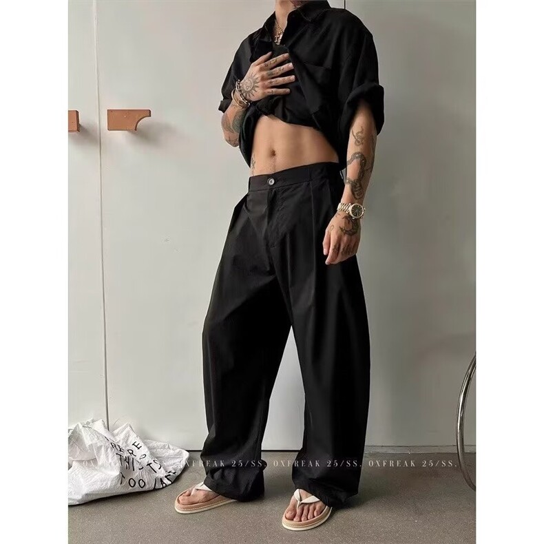 2025年夏季新款韩版时尚百搭显瘦高腰弯刀阔腿裤拖地香蕉休闲裤，男装休闲裤，星座506A