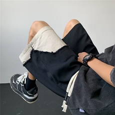 美式高街设计感拼接抽绳休闲短裤男夏季潮牌痞帅宽松直筒五分裤，男装牛仔裤，星座716-2