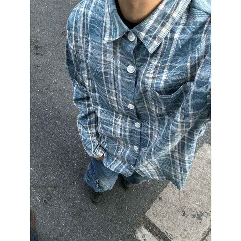 格子衬衫男长袖水洗树纹宽松休闲上衣美式复古衬衣潮CS691-P50图片
