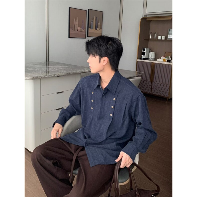 日系复古解构压褶长袖衬衫男春秋老钱风双排扣简约通勤翻领衬衣,男装衬衫,星座506A