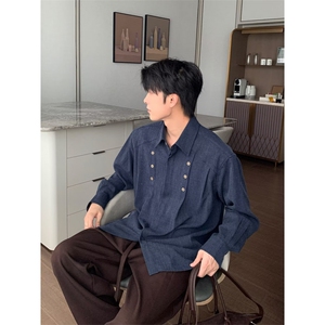 日系复古解构压褶长袖衬衫男春秋老钱风双排扣简约通勤翻领衬衣图片