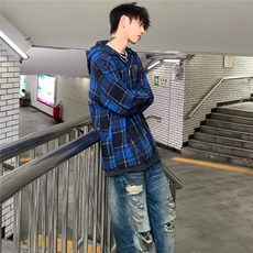 C300-P53美式哥特风蓝格连帽衬衫男女春秋季潮牌高街拉链，男装衬衫，电商B323A