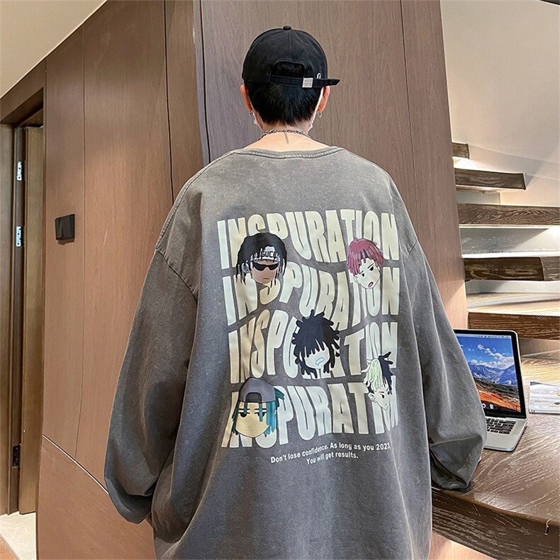 直播品质重磅纯棉美式蜡染水洗做旧潮牌宽松长袖t恤CT270特P38,男装T恤,电商A486