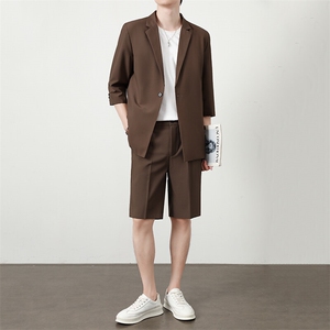 TW050-P95夏季时尚男士短袖西服短裤两件套装纯色礼服,黄色吊带连衣裙搭配西服图片