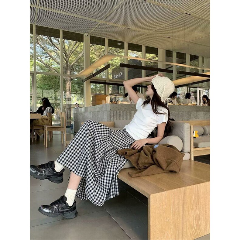显瘦不规则拼接格子半身裙慵懒气质休闲A字半裙休闲风百搭长裙女，女装半身裙，星座1210-1
