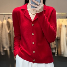 25秋冬新款纯羊毛宽松西服领开衫毛衣外套女显瘦百搭针织羊绒上衣，女装羊毛衫，邦太羊绒