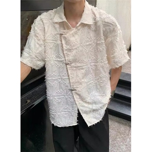 潮风新中式毛边短袖衬衫男夏季设计感复古小众上衣 CX015图片