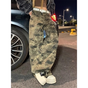 NECOYEP美式复古迷彩阔腿工装裤男女宽松简约高街直筒长裤XG6622