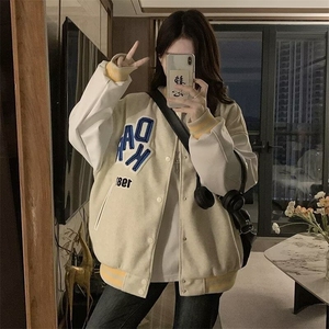 A536-P88 秋季港风上衣加厚皮袖双层内里棒球服学院风男女同款图片