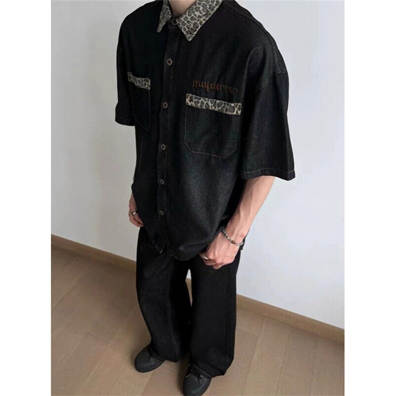 复古水洗牛仔衬衫短袖男女美式宽松时尚豹纹拼接CXS03,男装T恤,星座1116A（原606A-3）