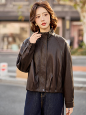 现货高级感酷飒风立领PU皮衣外套女短款春秋季新款机车风休闲夹克，女装皮衣，韩蔻秀