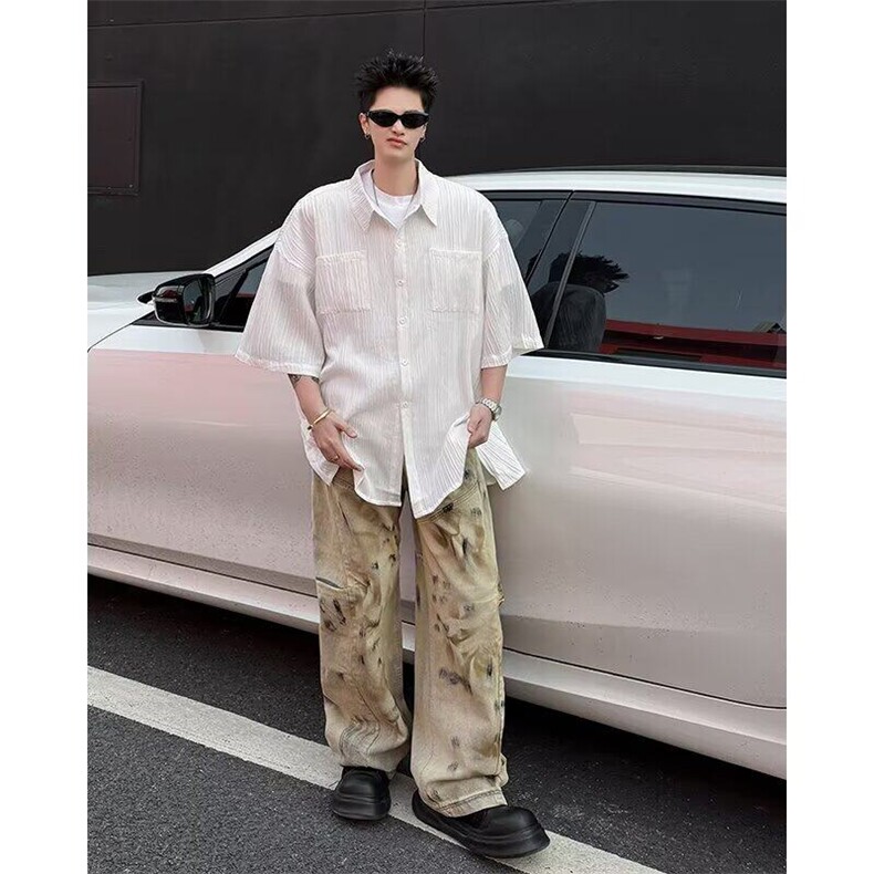 夏季新款肌理感开叉衬衫短袖高级感青少年衬衣七分袖新中式外套，男装T恤，星座506