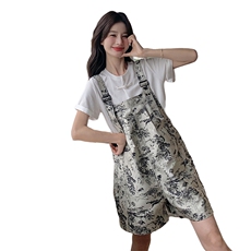 国风水墨画背带短裤套装女2025夏季新款时尚减龄小个子T恤两件套，女装套装/套裙，慧尚2-185