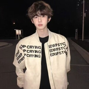 美式复古字母印花棒球服外套男女春秋高级感飞行员BF夹克皮上衣潮