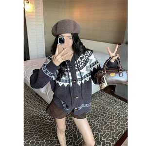 重磅秋冬北极绒开衫毛衣美式复古休闲慵懒风牛角扣针织衫连帽外套图片