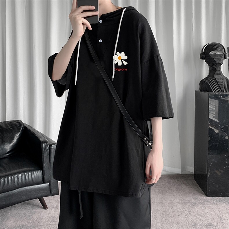 LD54059-P45连帽短袖t恤男大码胖子带帽五分袖中袖,男装T恤,电商A040