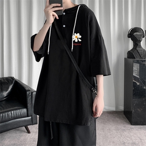 LD54059-P45 连帽短袖t恤男大码胖子带帽五分袖中袖图片