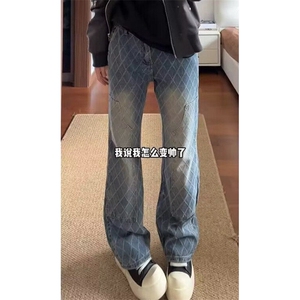 美式高街牛仔裤男格子设计感微喇裤修身显瘦直筒长裤 N6064图片