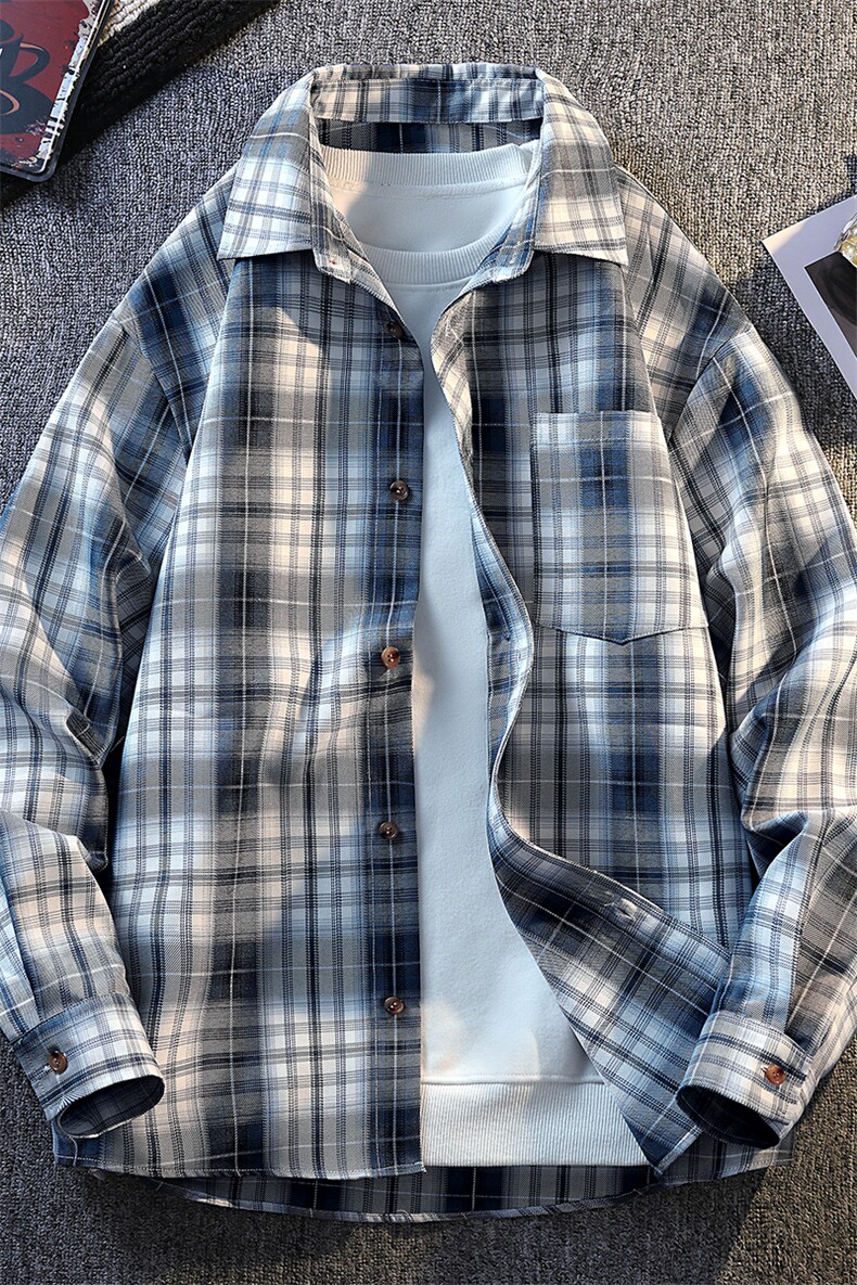 美式港风复古格纹长袖衬衫大码休闲衬衣外套C2256-特价34,男装衬衫,电商A007