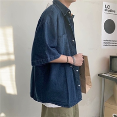 港风工装牛仔短袖衬衫宽松韩版bf慵懒风复古显瘦半袖衬衣S005-P40，男装衬衫，星座1008