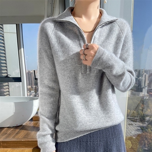 秋冬半开领拉链100%纯羊毛衫女高领加厚长袖针织毛衣宽松羊绒打底图片