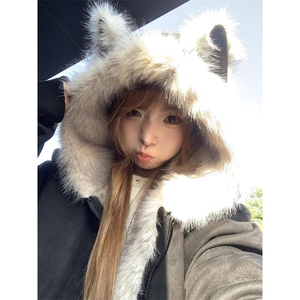 现货重磅硬挺boxy羽绒棉衣座山雕猫耳大毛毛领麂皮棉服冬外套图片