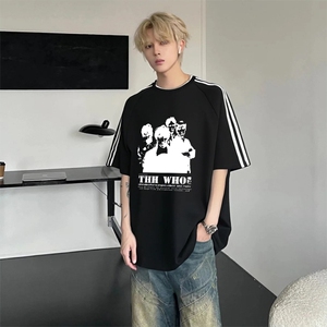 抖音得物高品质二开240克宽松纯棉美式潮牌三条杠织带短袖T恤图片