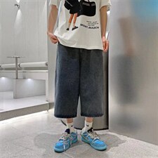 七分牛仔裤男夏季ins潮牌直筒宽松港风复古阔腿高街短裤DK863-P40图片
