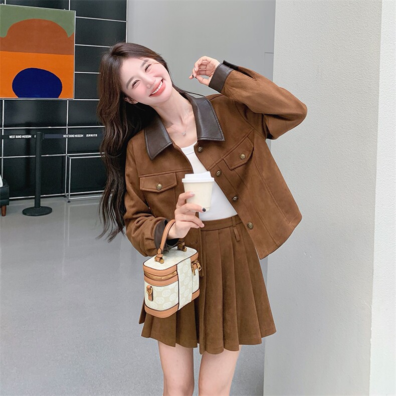 美拉德棕色套装裙女2025秋季新款复古pu皮翻领上衣半身裙两件套潮图片