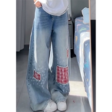 美式复古撞色格子贴布弯刀牛仔裤宽松阔腿镰刀裤男女LB1677-P58，男装牛仔裤，星座1008