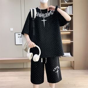 港风套装男宽松菠萝格满天星短袖T恤短裤痞帅套装TZ6626-P50图片