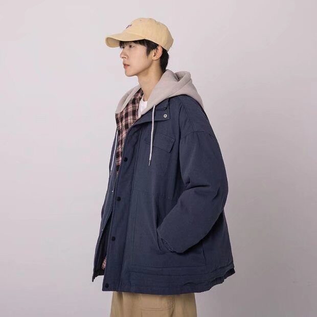 假两件棉衣男冬季韩版宽松格子百搭连帽棉服港风帅气棉袄外套新款,男装棉衣,星座1210-1