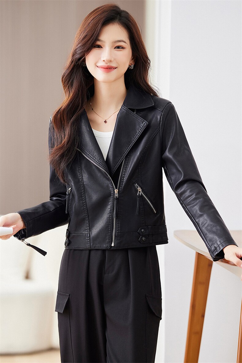 2023年春秋新款外套机车小皮衣女外套时尚收腰短款拉链pu皮夹克,女装皮衣,江南女神