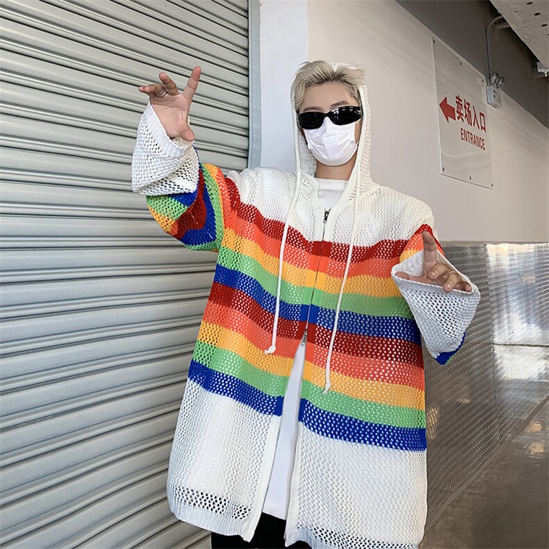 彩虹针织镂空网防晒罩衫上衣男女初秋外套开衫外搭,男装防晒衣,星座410-7